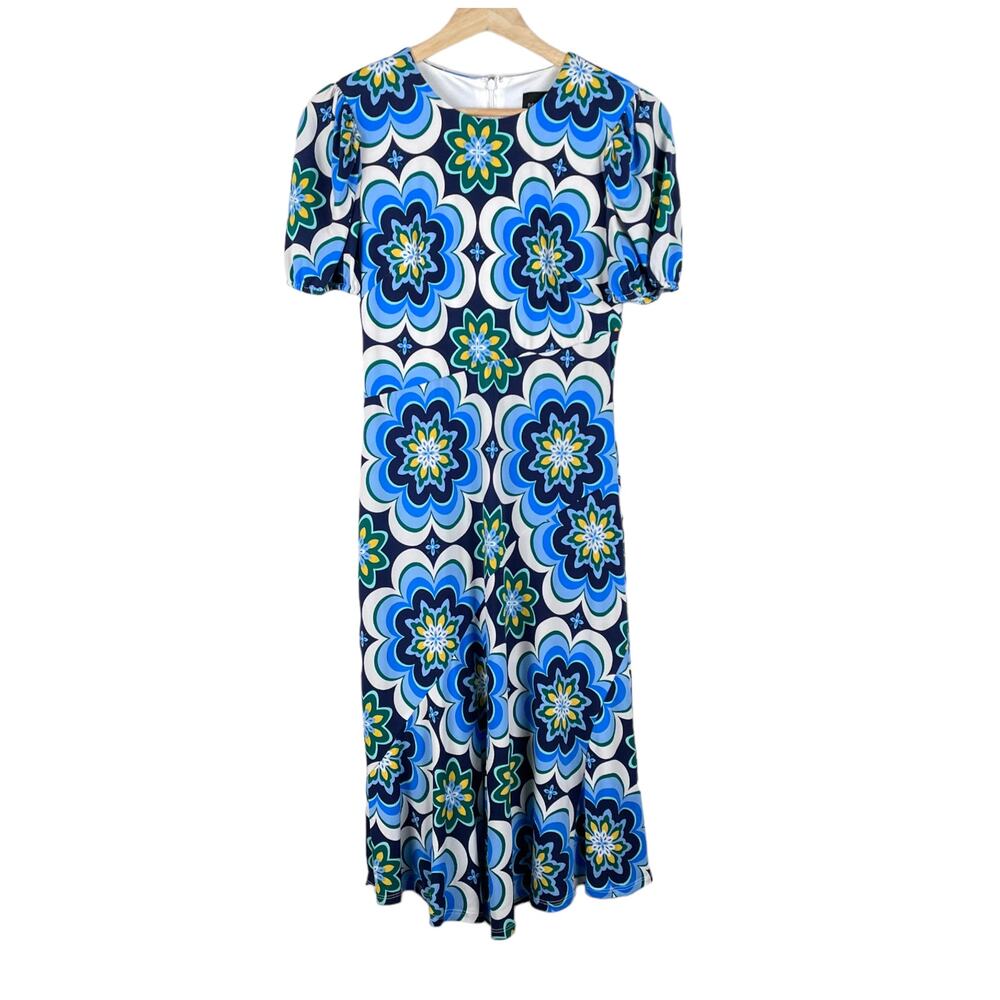 Donna Morgan Jewel Neck Floral Midi Dress in Navy Blue / Everglade Size 2